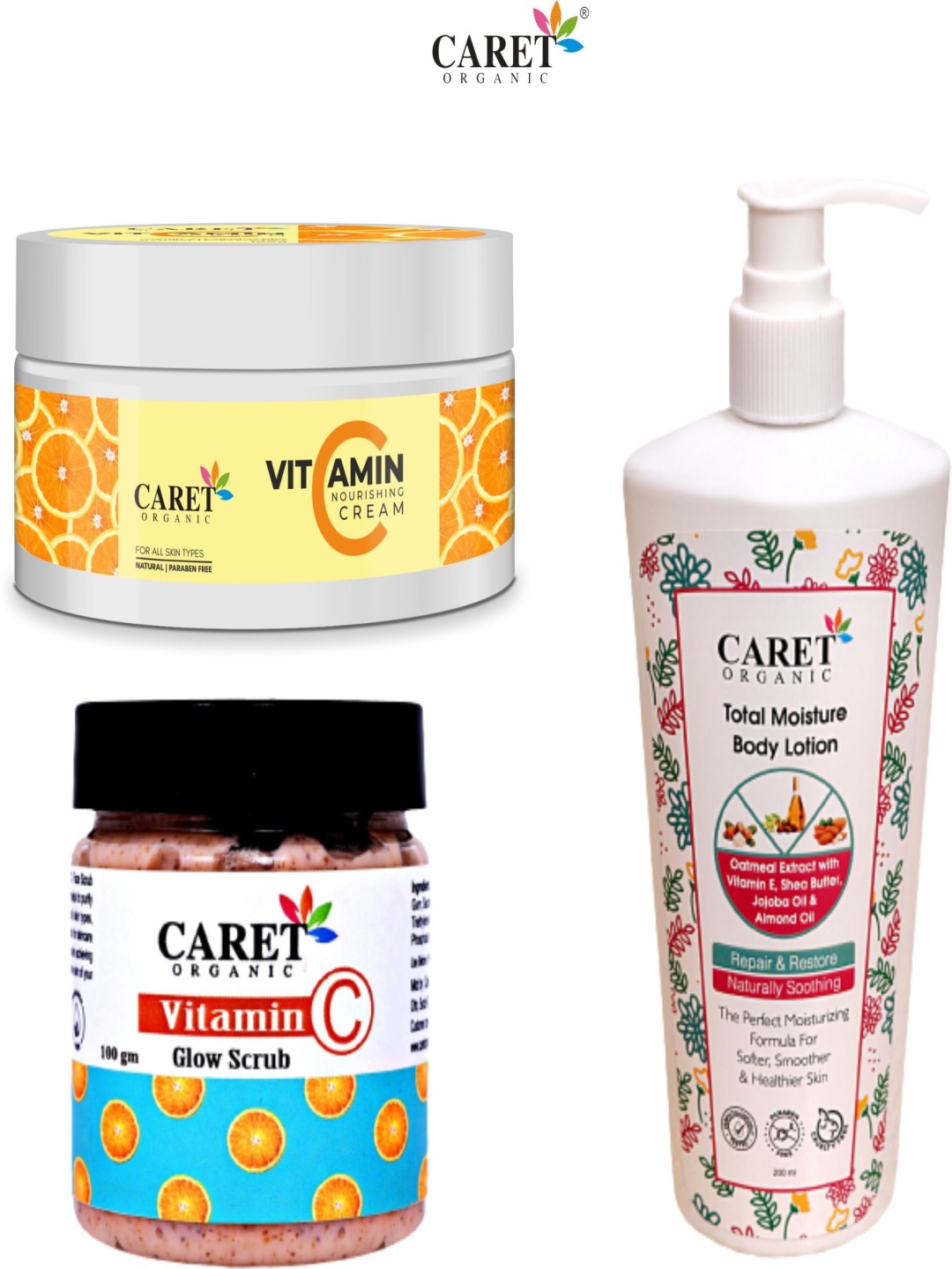 CARET ORGANIC Set Of 3 Vitamin C Cream And Vitamin C Glow Scrub & Total Body Lotion, White
CARET ORGANIC Set Of 3 Vitamin C Cream And Vitamin C Glow Scrub & Total Body Lotion, White
