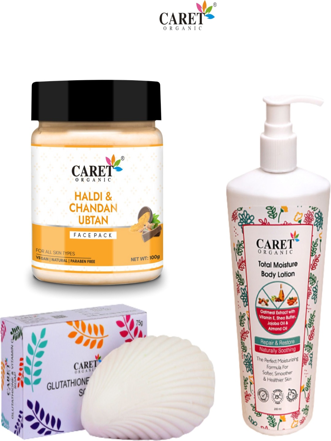 CARET ORGANIC Set Of 3 Total Moisture Body Lotion- Haldi Face Pack & Glutathione Soap, White
CARET ORGANIC Set Of 3 Total Moisture Body Lotion- Haldi Face Pack & Glutathione Soap, White