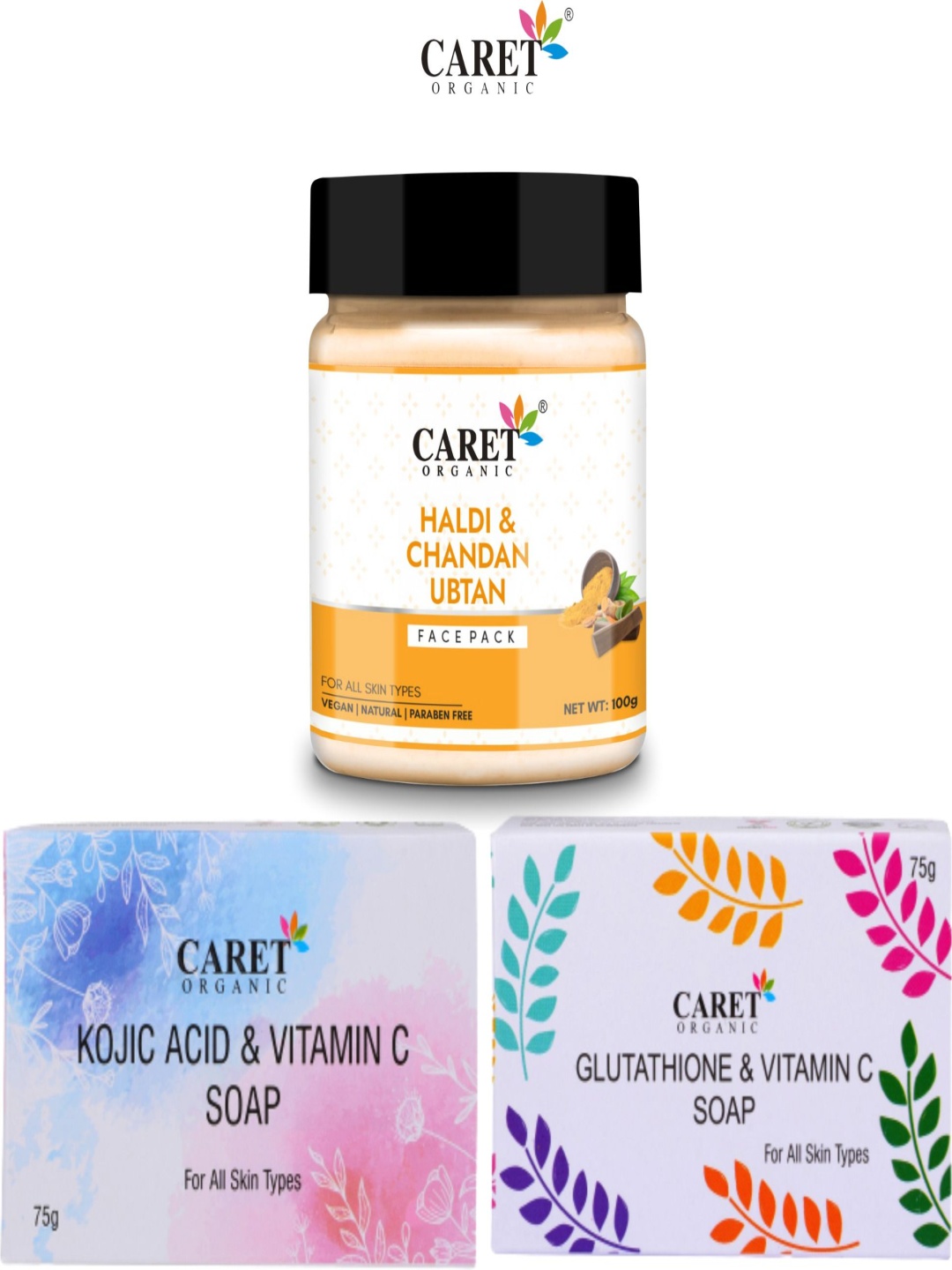 CARET ORGANIC Set Of 3 Chandan Face Pack - 100 g & Kojic Acid & Glutathione Soap 75 g Each, White
CARET ORGANIC Set Of 3 Chandan Face Pack - 100 g & Kojic Acid & Glutathione Soap 75 g Each, White