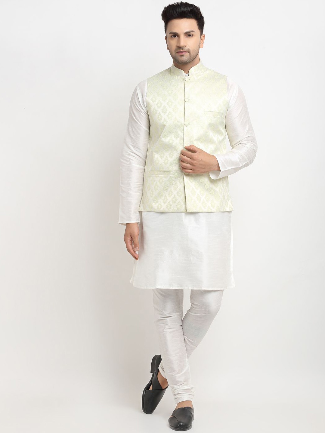 Kaifoo Mandarin Collar Long Sleeves Straight Kurta with Churidar & Nehru Jacket, White
Kaifoo Mandarin Collar Long Sleeves Straight Kurta with Churidar & Nehru Jacket, White
