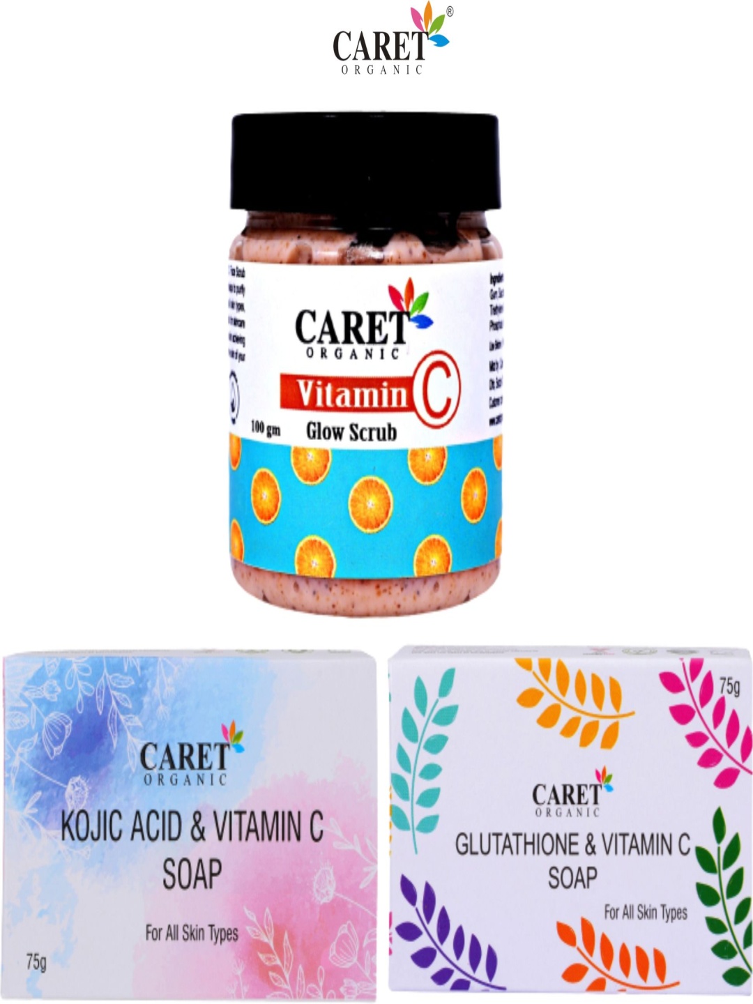 CARET ORGANIC Set Of 3 Vitamin C Scrub - 100 g, Kojic Acid & Glutathione Soap 75 g Each, White
CARET ORGANIC Set Of 3 Vitamin C Scrub - 100 g, Kojic Acid & Glutathione Soap 75 g Each, White