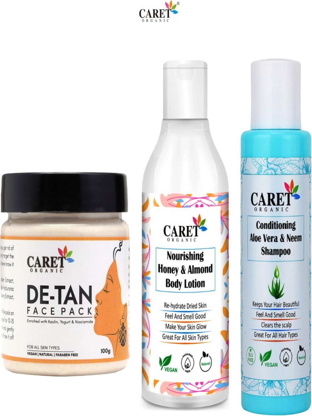 CARET ORGANIC Set Of 3 De-Tan Face Pack & Honey Almond Body Lotion Aloevera Neem Shampoo, Multi
CARET ORGANIC Set Of 3 De-Tan Face Pack & Honey Almond Body Lotion Aloevera Neem Shampoo, Multi
