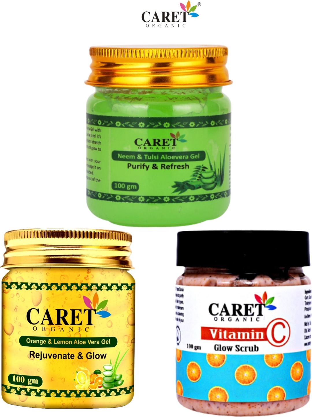 CARET ORGANIC Set Of 3 Neem & Tulsi Gel, Orange & Lemon Gel & Vitamin C Scrub - 100 g Each, Multi
CARET ORGANIC Set Of 3 Neem & Tulsi Gel, Orange & Lemon Gel & Vitamin C Scrub - 100 g Each, Multi
