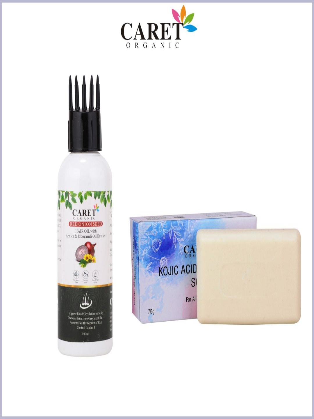 CARET ORGANIC Set of 2 Kojic Acid Vitamin C Soap - 75 g & Reed Seed Onion Hair Oil -100 ml, White
CARET ORGANIC Set of 2 Kojic Acid Vitamin C Soap - 75 g & Reed Seed Onion Hair Oil -100 ml, White