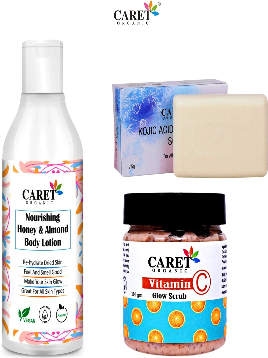 CARET ORGANIC Set Of 3 Body Lotion 250 ml, Kojic Acid Soap 75 g & Vitamin C Scrub - 100 g, White
CARET ORGANIC Set Of 3 Body Lotion 250 ml, Kojic Acid Soap 75 g & Vitamin C Scrub - 100 g, White