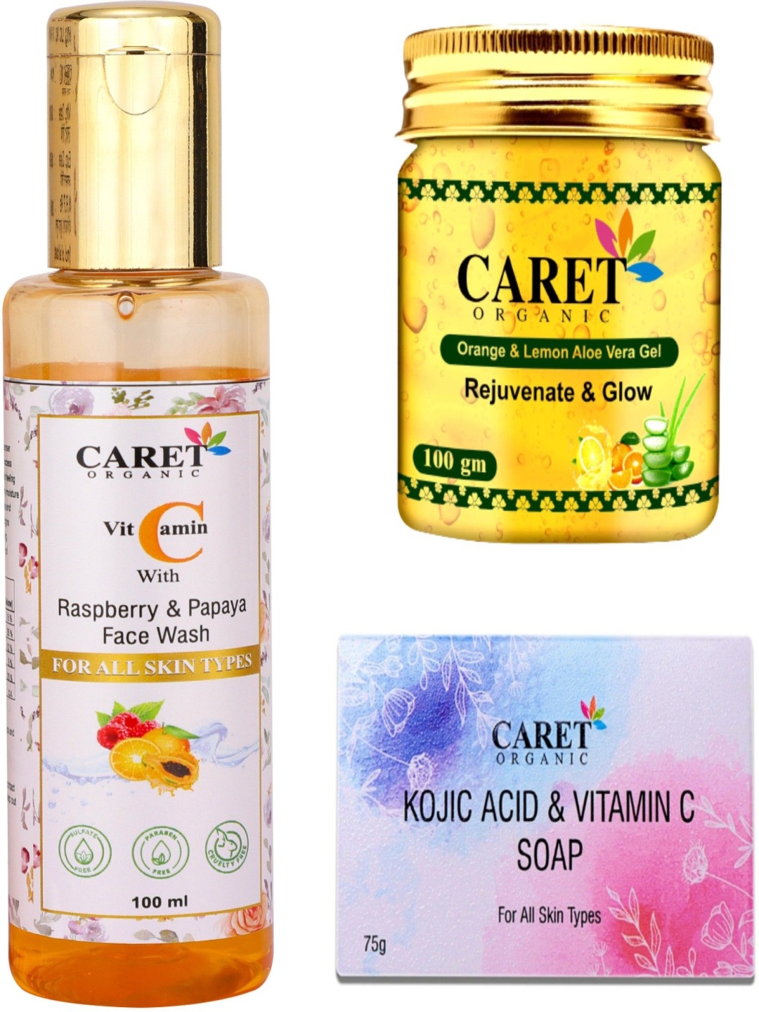 CARET ORGANIC Set Of 3 Papaya Face Wash 100 ml, Aloevera Gel 100 g & Kojic Acid Soap 75 g, White
CARET ORGANIC Set Of 3 Papaya Face Wash 100 ml, Aloevera Gel 100 g & Kojic Acid Soap 75 g, White