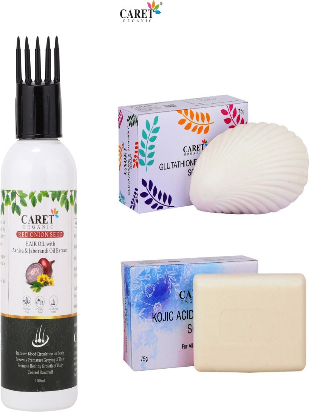 CARET ORGANIC Set Of 3 Glutathione & Kojic Acid Soap - 75 g Each & Red Onion Oil - 100 ml, White
CARET ORGANIC Set Of 3 Glutathione & Kojic Acid Soap - 75 g Each & Red Onion Oil - 100 ml, White