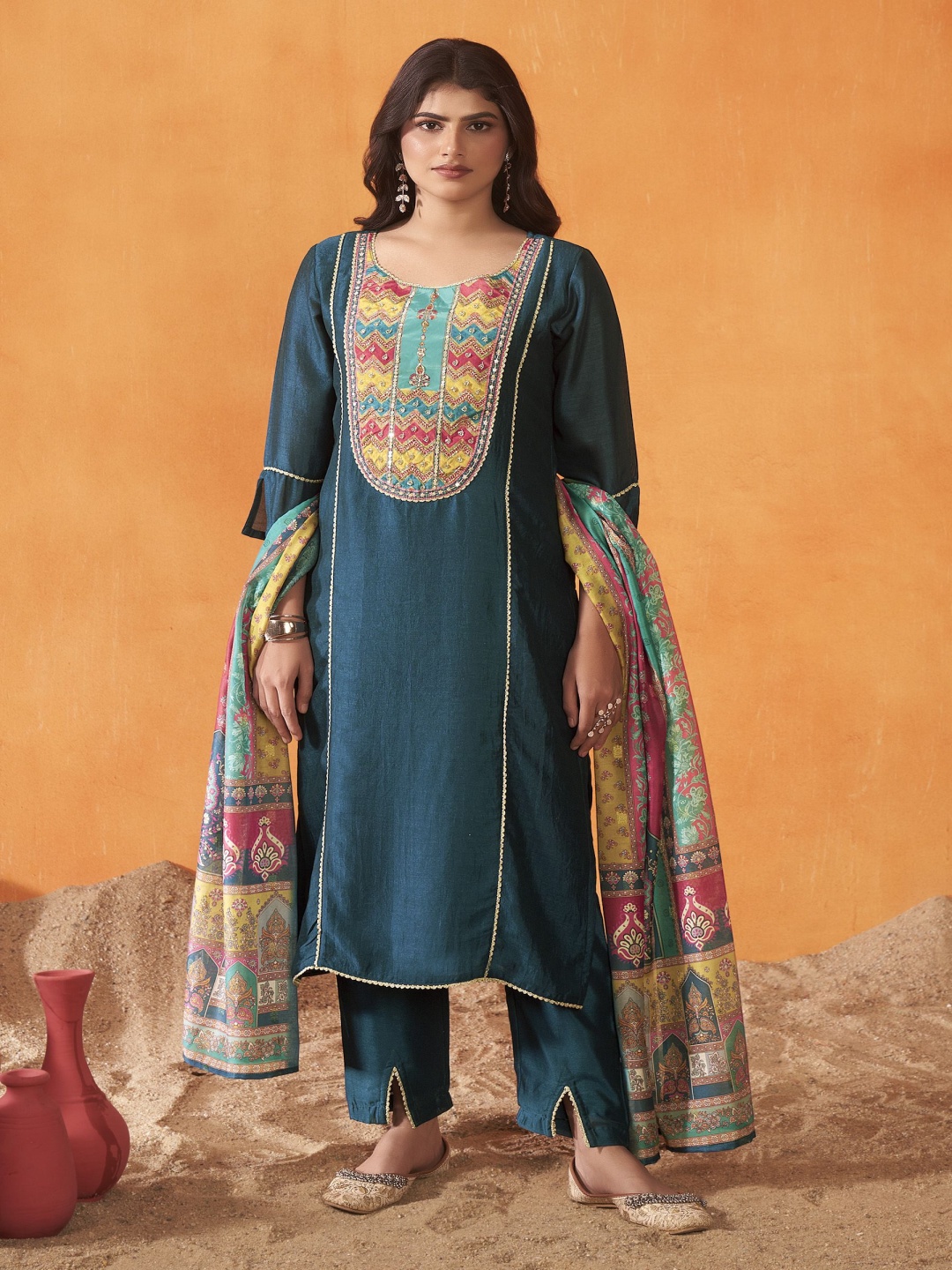 Anouk Teal Blue Yoke Design Round Neck Sequinned Straight Kurta With Trousers & Dupatta
Anouk Teal Blue Yoke Design Round Neck Sequinned Straight Kurta With Trousers & Dupatta