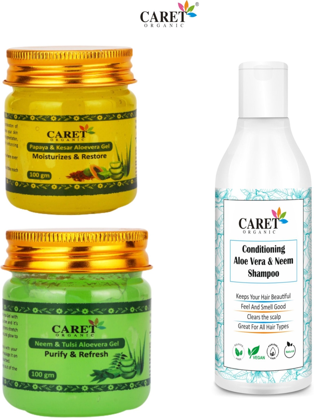 CARET ORGANIC Set Of 3 Aloevera Neem Shampoo With Papaya- Neem & Aloevera Gel, White
CARET ORGANIC Set Of 3 Aloevera Neem Shampoo With Papaya- Neem & Aloevera Gel, White