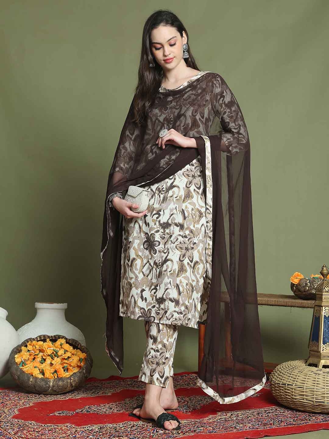 KALINI Floral Printed Sweetheart Neck Cotton Straight Kurta With Trousers & Dupatta, Off white
KALINI Floral Printed Sweetheart Neck Cotton Straight Kurta With Trousers & Dupatta, Off white
