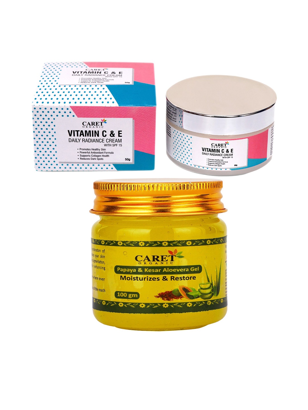 CARET ORGANIC Set Of 2 Vitamin E Radiance Cream - 50 g & Kesar Aloevera Gel - 100 g, White
CARET ORGANIC Set Of 2 Vitamin E Radiance Cream - 50 g & Kesar Aloevera Gel - 100 g, White