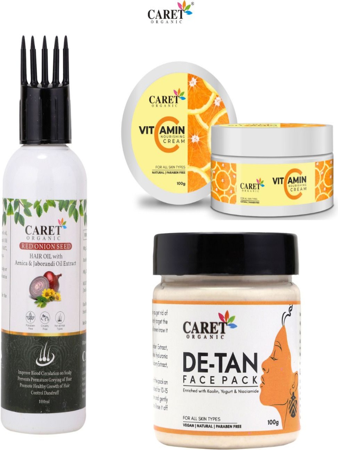 CARET ORGANIC Set Of 3 Onion Seed Hair Oil & Detan Face Pack & Vitamin C Cream 100 g Each, Multi
CARET ORGANIC Set Of 3 Onion Seed Hair Oil & Detan Face Pack & Vitamin C Cream 100 g Each, Multi