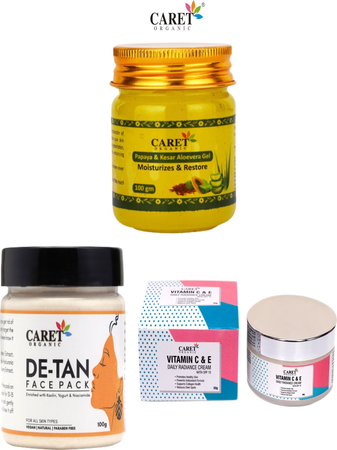 CARET ORGANIC Set Of 3 Aloevera Gel- 100 g - Daily Radiance Cream- 50 g & Face Pack- 100 g, Multi
CARET ORGANIC Set Of 3 Aloevera Gel- 100 g - Daily Radiance Cream- 50 g & Face Pack- 100 g, Multi
