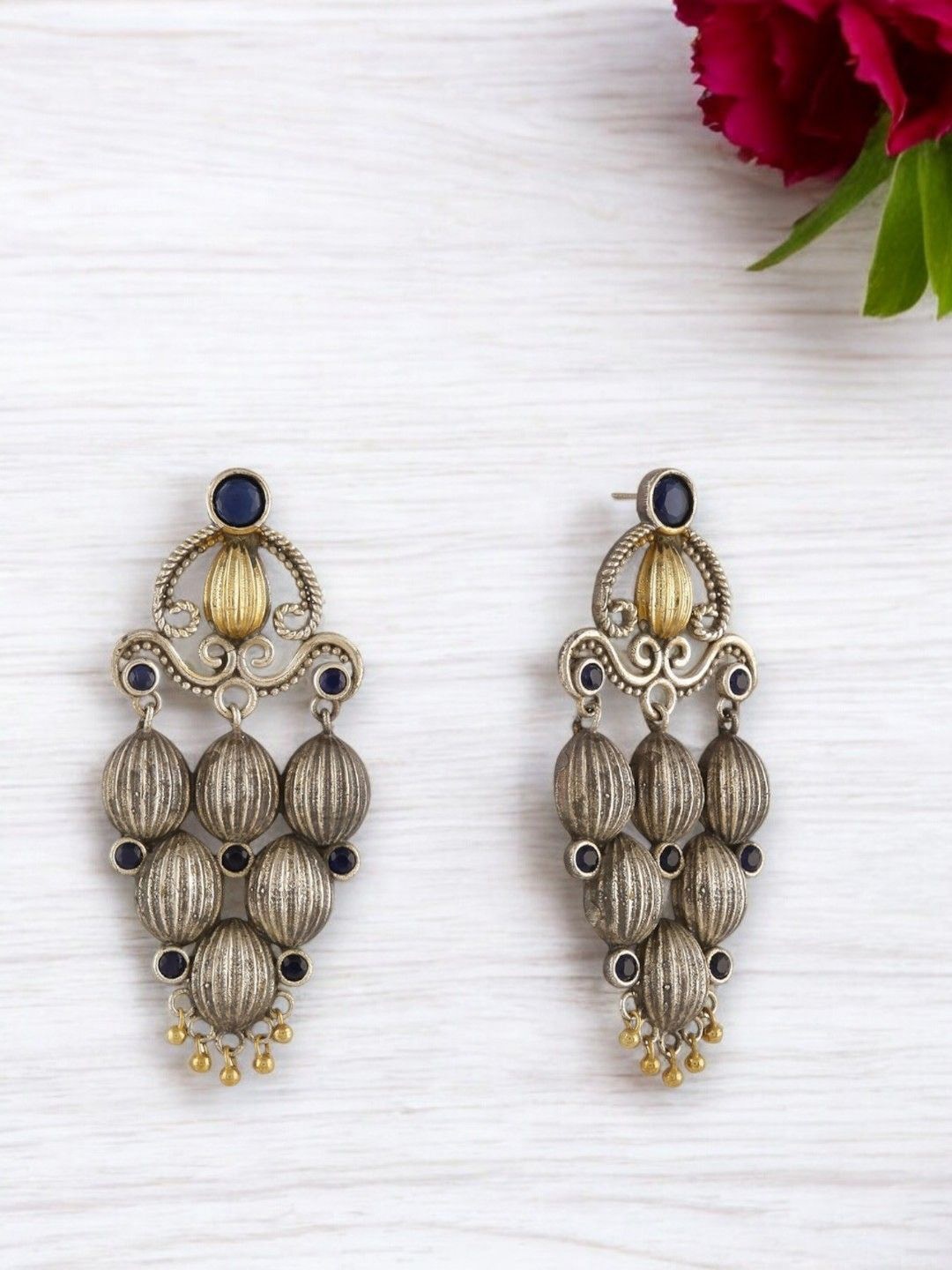 Sangria Blue Gold Plated Artificial Stones Studded And Beaded Oxidised Drop Earrings, Silver
Sangria Blue Gold Plated Artificial Stones Studded And Beaded Oxidised Drop Earrings, Silver