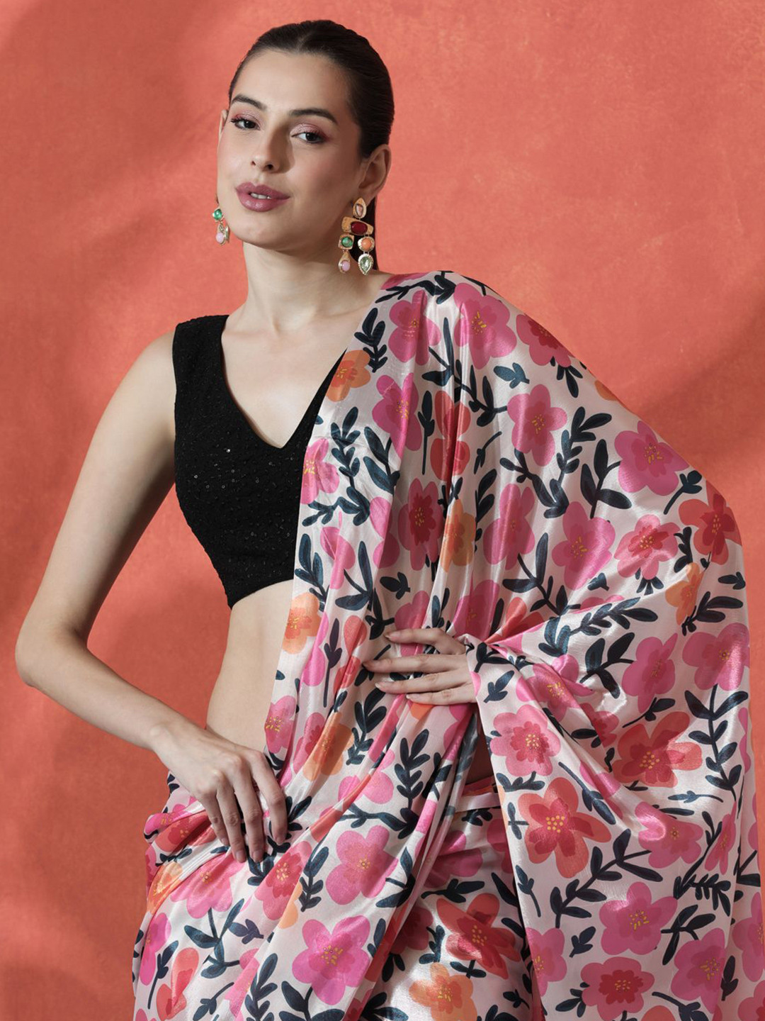 Sangria Ready to wear Satin Floral Digital Printed Saree, White
Sangria Ready to wear Satin Floral Digital Printed Saree, White