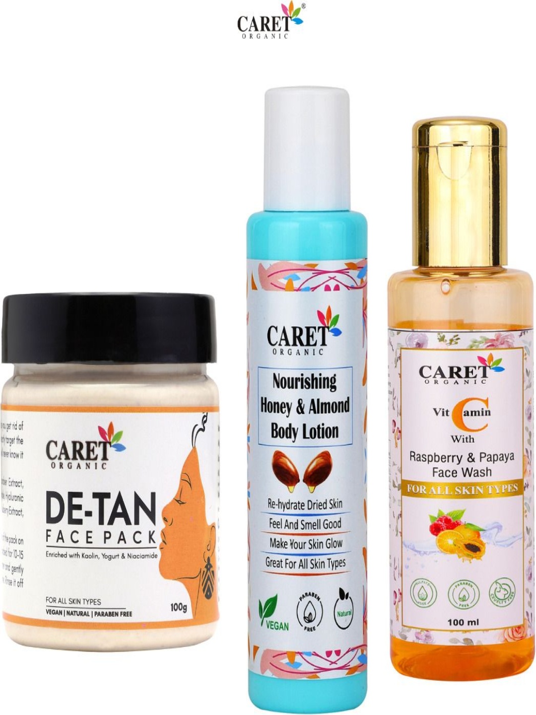 CARET ORGANIC Set Of 3 De-Tan Face Pack, Body Lotion & Papaya Facewash - 100 ml Each, White
CARET ORGANIC Set Of 3 De-Tan Face Pack, Body Lotion & Papaya Facewash - 100 ml Each, White