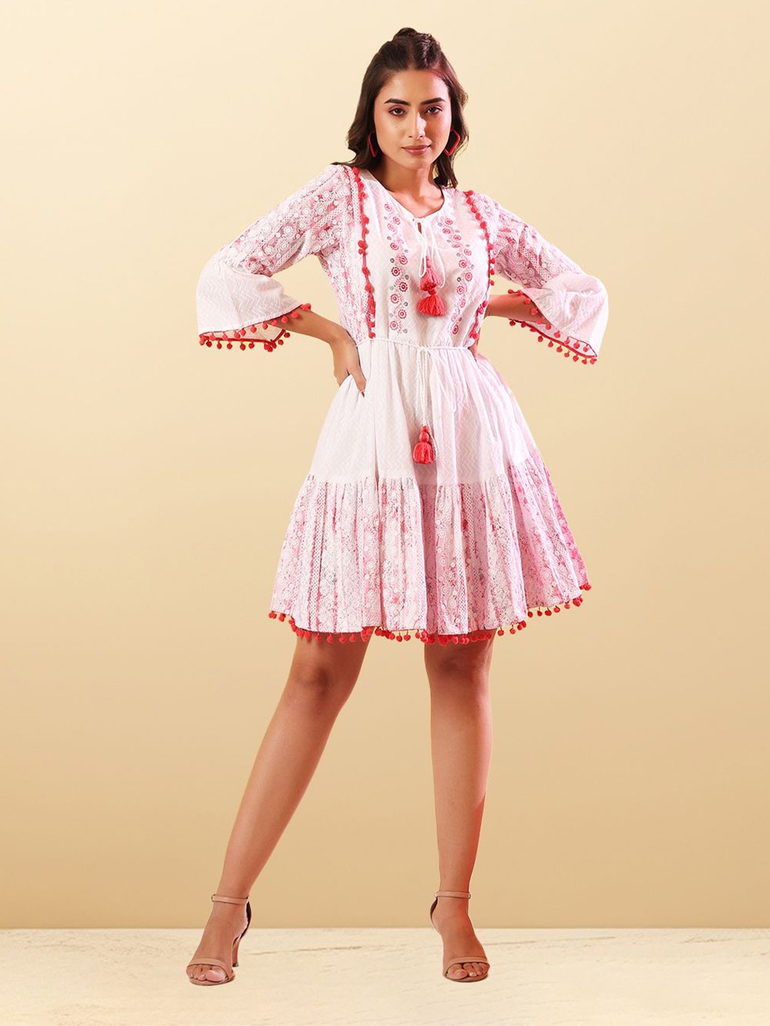 CUSTARD Ethnic Motifs Embroidered Flared Sleeve Fit & Flare Short Tiered Casual Dress, Pink
CUSTARD Ethnic Motifs Embroidered Flared Sleeve Fit & Flare Short Tiered Casual Dress, Pink