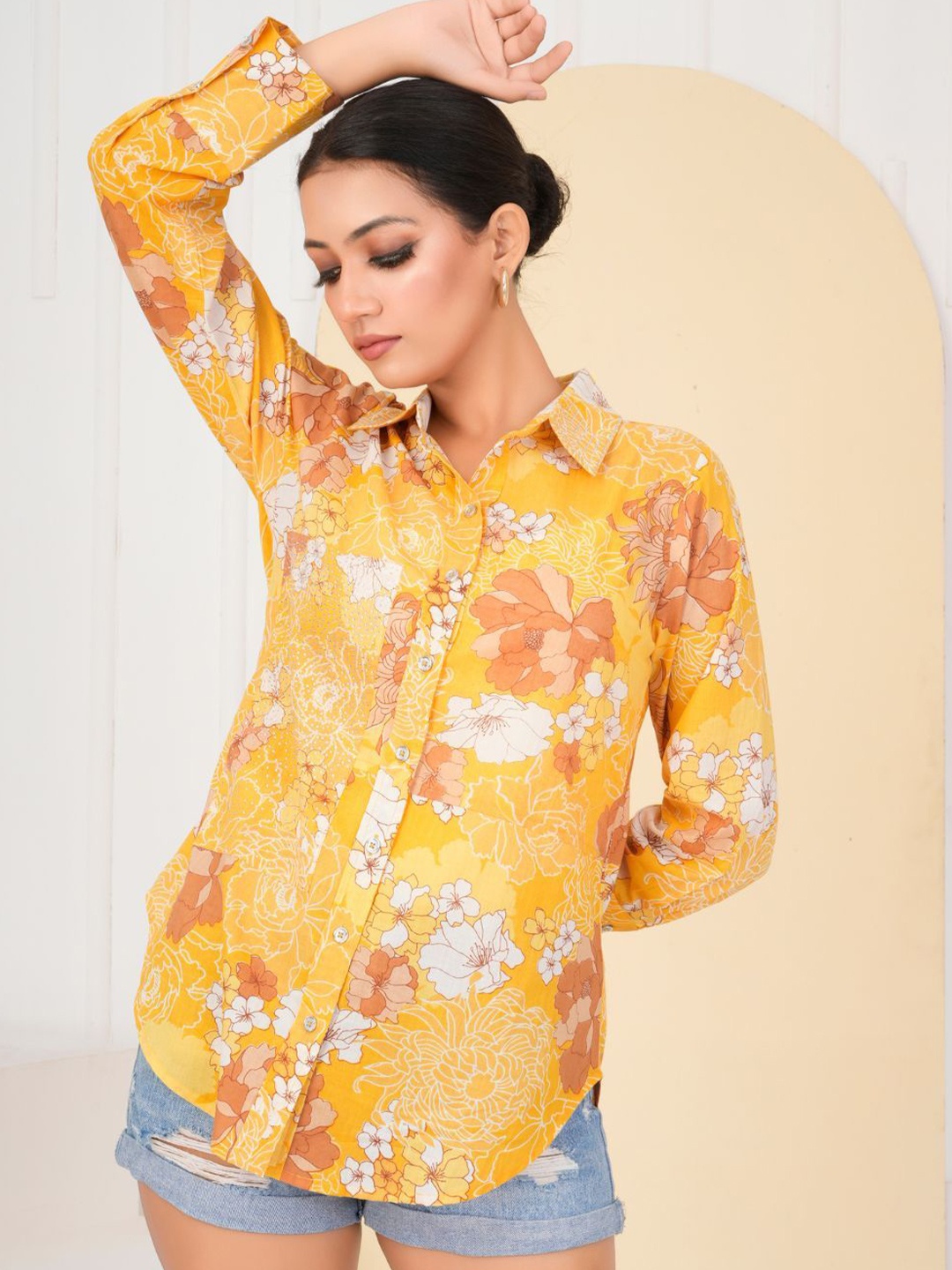 Kaftanize Women Comfort Fit Spread Collar Floral Printed Cotton Casual Shirt, Yellow
Kaftanize Women Comfort Fit Spread Collar Floral Printed Cotton Casual Shirt, Yellow