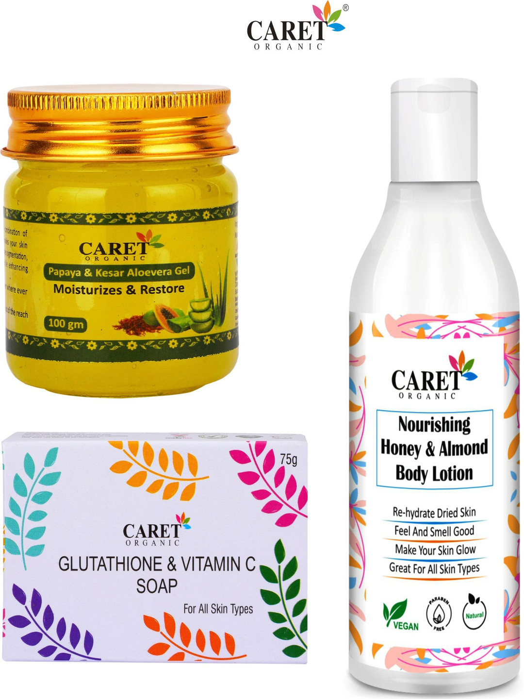 CARET ORGANIC Set Of 3 Glutathione Soap, Papaya & Kesar Gel & Honey Almond Body Lotion, Yellow
CARET ORGANIC Set Of 3 Glutathione Soap, Papaya & Kesar Gel & Honey Almond Body Lotion, Yellow