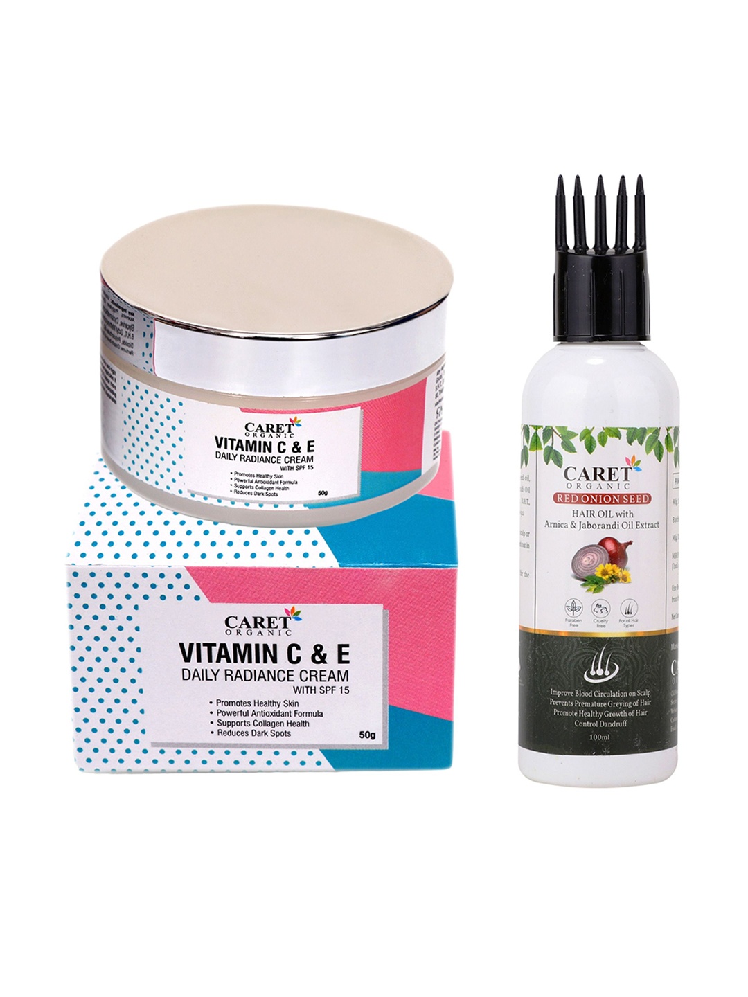 CARET ORGANIC Vitamin C, E Radiance Cream - 50 g With Red Onion Seed Hair Oil - 100 ml, White
CARET ORGANIC Vitamin C, E Radiance Cream - 50 g With Red Onion Seed Hair Oil - 100 ml, White