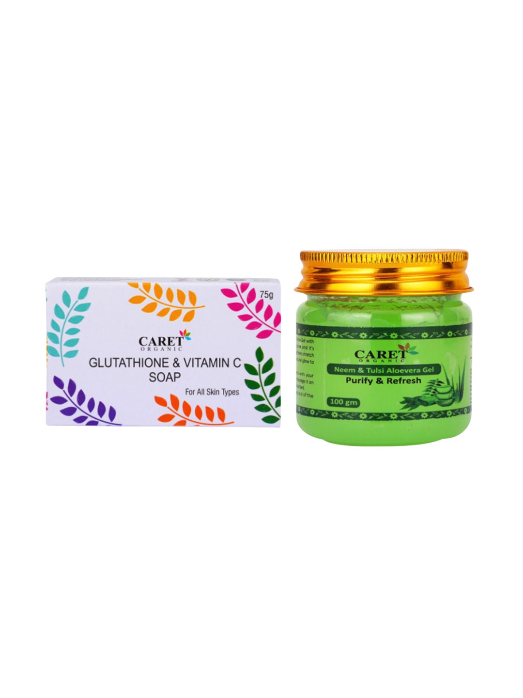 CARET ORGANIC Set Of 2 Glutathione Soap- 75 g & Aloevera, Neem, Tulsi Gel- 100 g, White
CARET ORGANIC Set Of 2 Glutathione Soap- 75 g & Aloevera, Neem, Tulsi Gel- 100 g, White