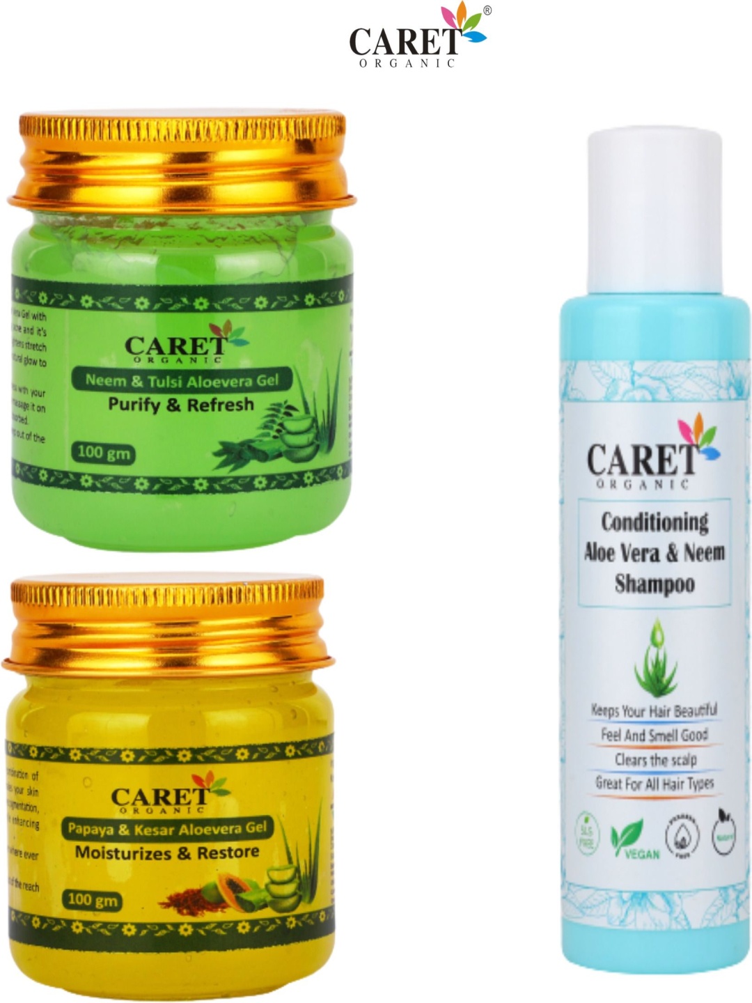 CARET ORGANIC Set Of 3 Tulsi Gel With Aloevera Gel & Neem Aloevera Shampoo - 100 ml Each, White
CARET ORGANIC Set Of 3 Tulsi Gel With Aloevera Gel & Neem Aloevera Shampoo - 100 ml Each, White