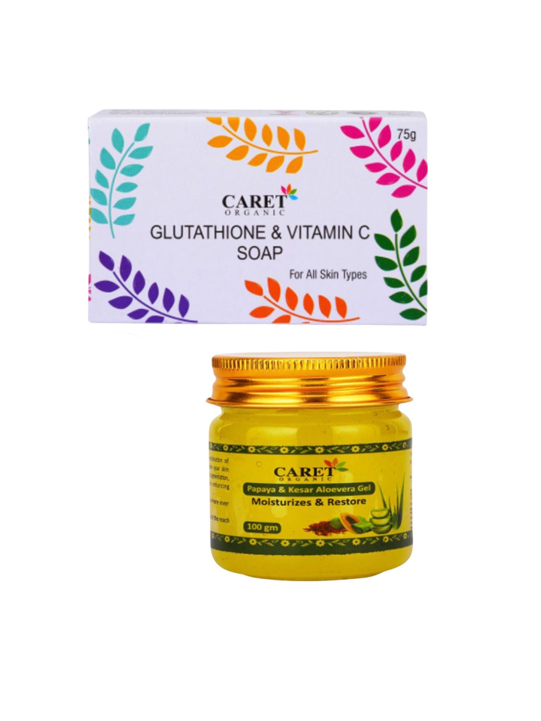 CARET ORGANIC Set Of 2 Vitamin C Glutathione Soap - 75 g & Papaya Aloevera Gel - 100 ml, White
CARET ORGANIC Set Of 2 Vitamin C Glutathione Soap - 75 g & Papaya Aloevera Gel - 100 ml, White
