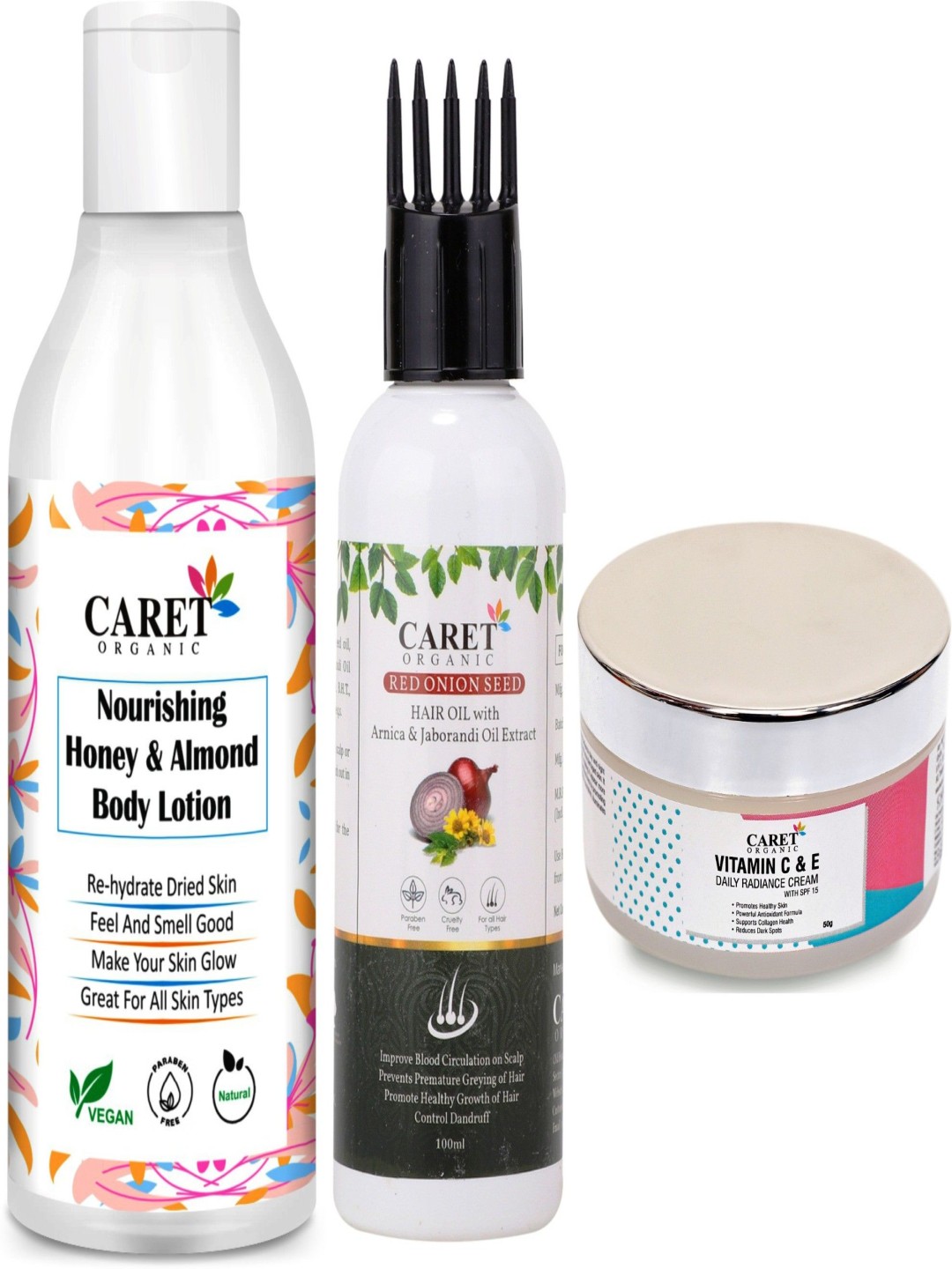 CARET ORGANIC Set Of 3 Body Lotion - 250 ml - Radiance Cream - 50 g & Onion Oil - 100 ml, White
CARET ORGANIC Set Of 3 Body Lotion - 250 ml - Radiance Cream - 50 g & Onion Oil - 100 ml, White