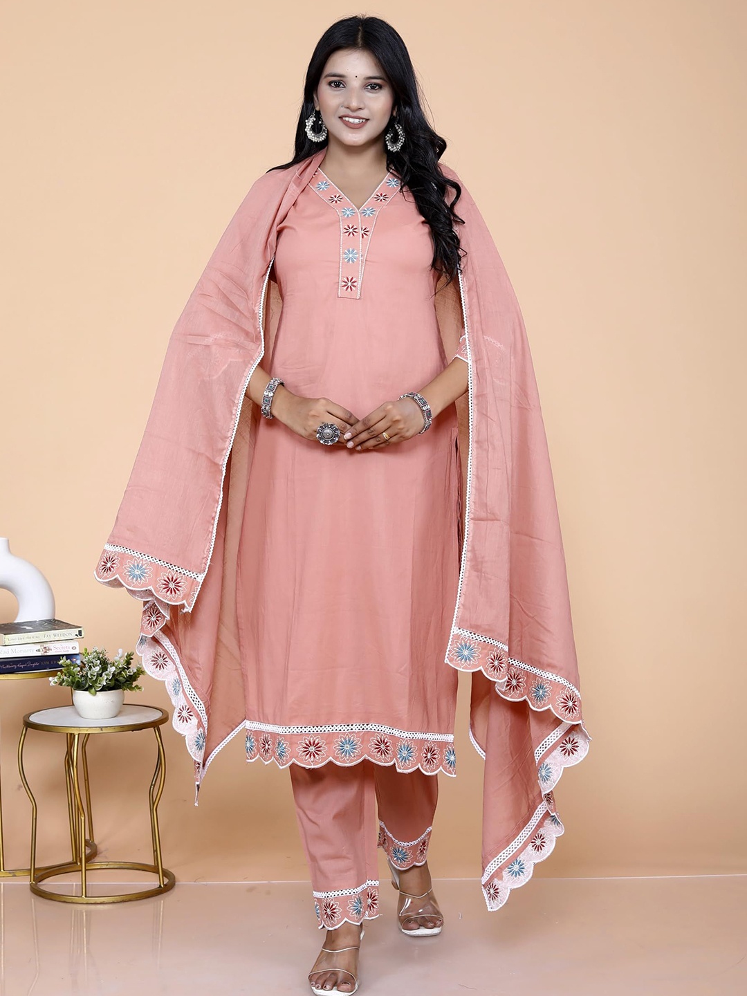 13-Star Floral Embroidered V-Neck Pure Cotton Straight Kurta With Trousers & Dupatta, Peach
13-Star Floral Embroidered V-Neck Pure Cotton Straight Kurta With Trousers & Dupatta, Peach