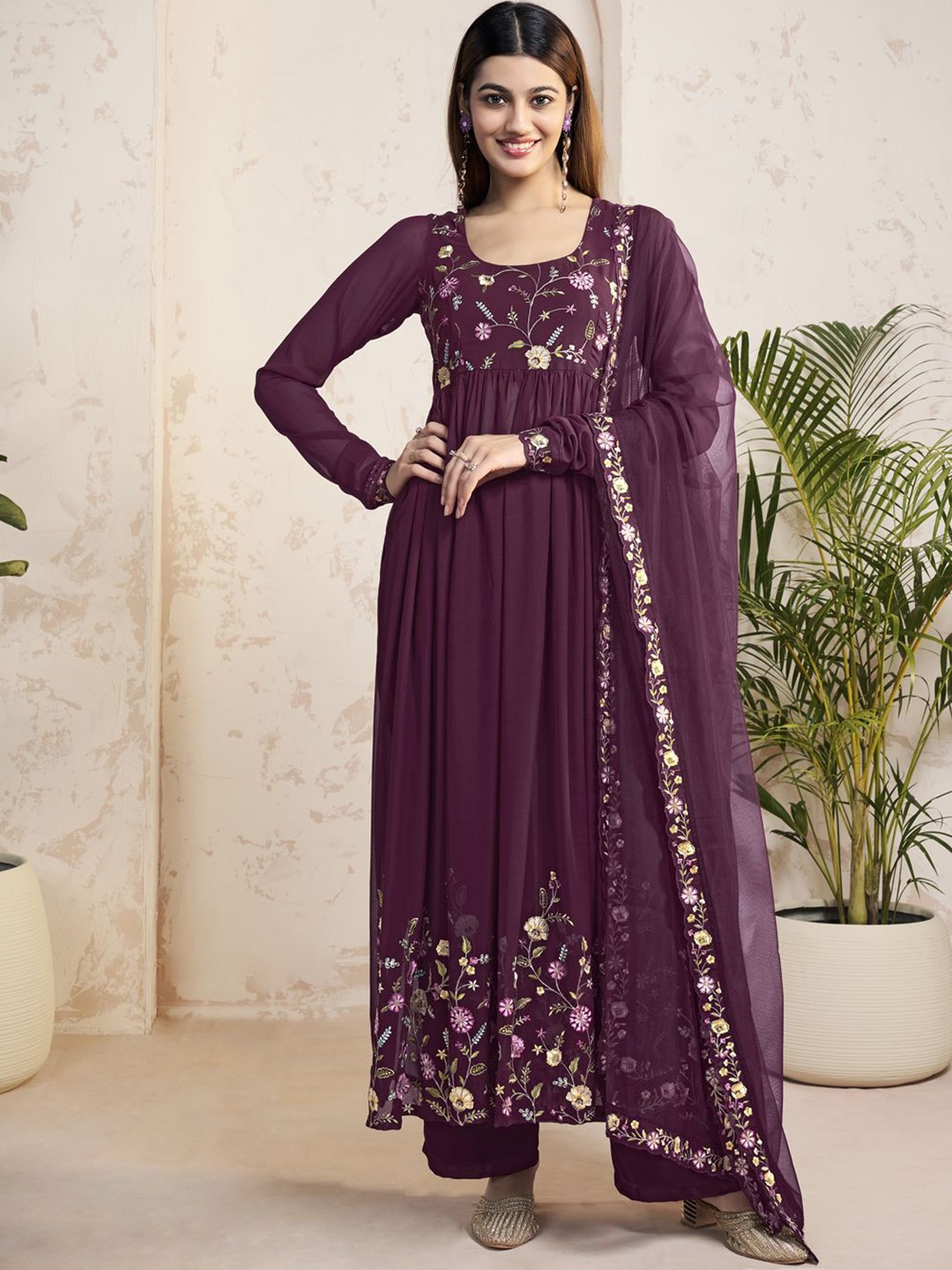 Inddus Floral Embroidered Thread Work Georgette A-Line Kurta With Palazzos And Dupatta, Purple
Inddus Floral Embroidered Thread Work Georgette A-Line Kurta With Palazzos And Dupatta, Purple