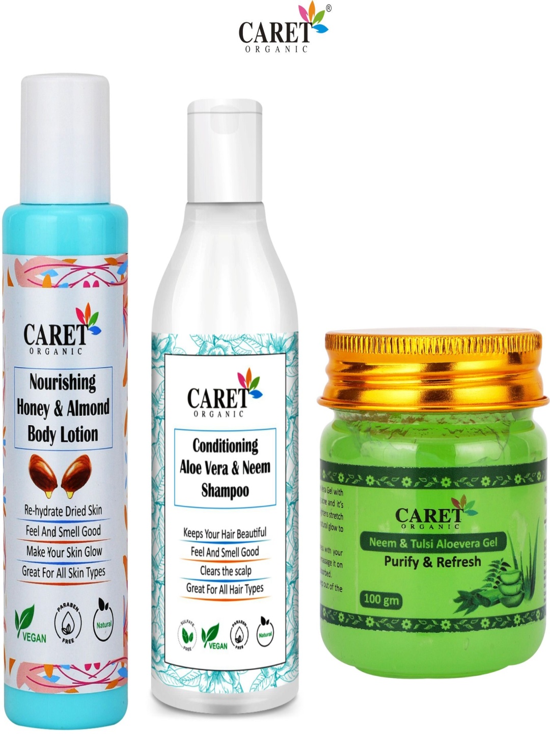 CARET ORGANIC Set Of 3 Body Lotion - 100 ml, Aloevera Shampoo - 300 ml & Tulsi Gel - 100 g, White
CARET ORGANIC Set Of 3 Body Lotion - 100 ml, Aloevera Shampoo - 300 ml & Tulsi Gel - 100 g, White