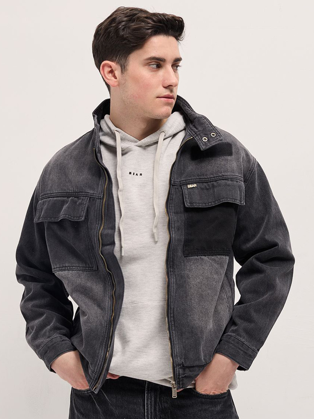 THE BEAR HOUSE Men Stand Collar Solid Cotton Casual Denim Jacket, Black 
THE BEAR HOUSE Men Stand Collar Solid Cotton Casual Denim Jacket, Black