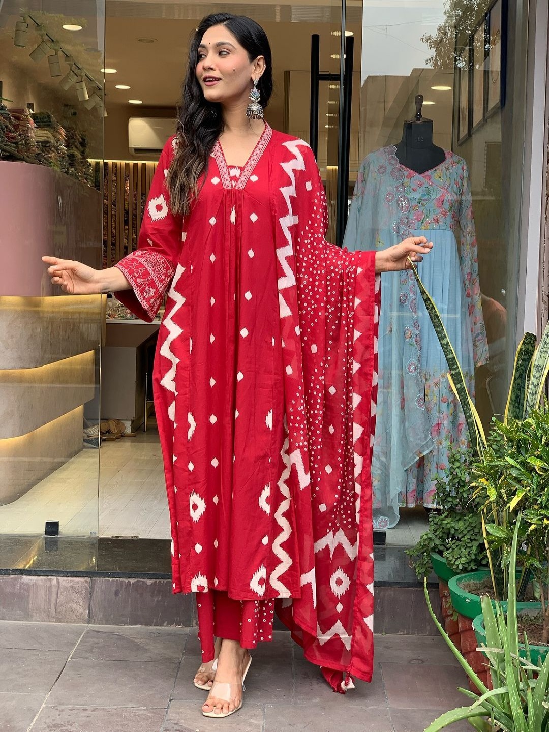 SIJOPA Geometric Printed V-Neck Pure Cotton A-Line Kurta With Palazzos And Dupatta, Red
SIJOPA Geometric Printed V-Neck Pure Cotton A-Line Kurta With Palazzos And Dupatta, Red