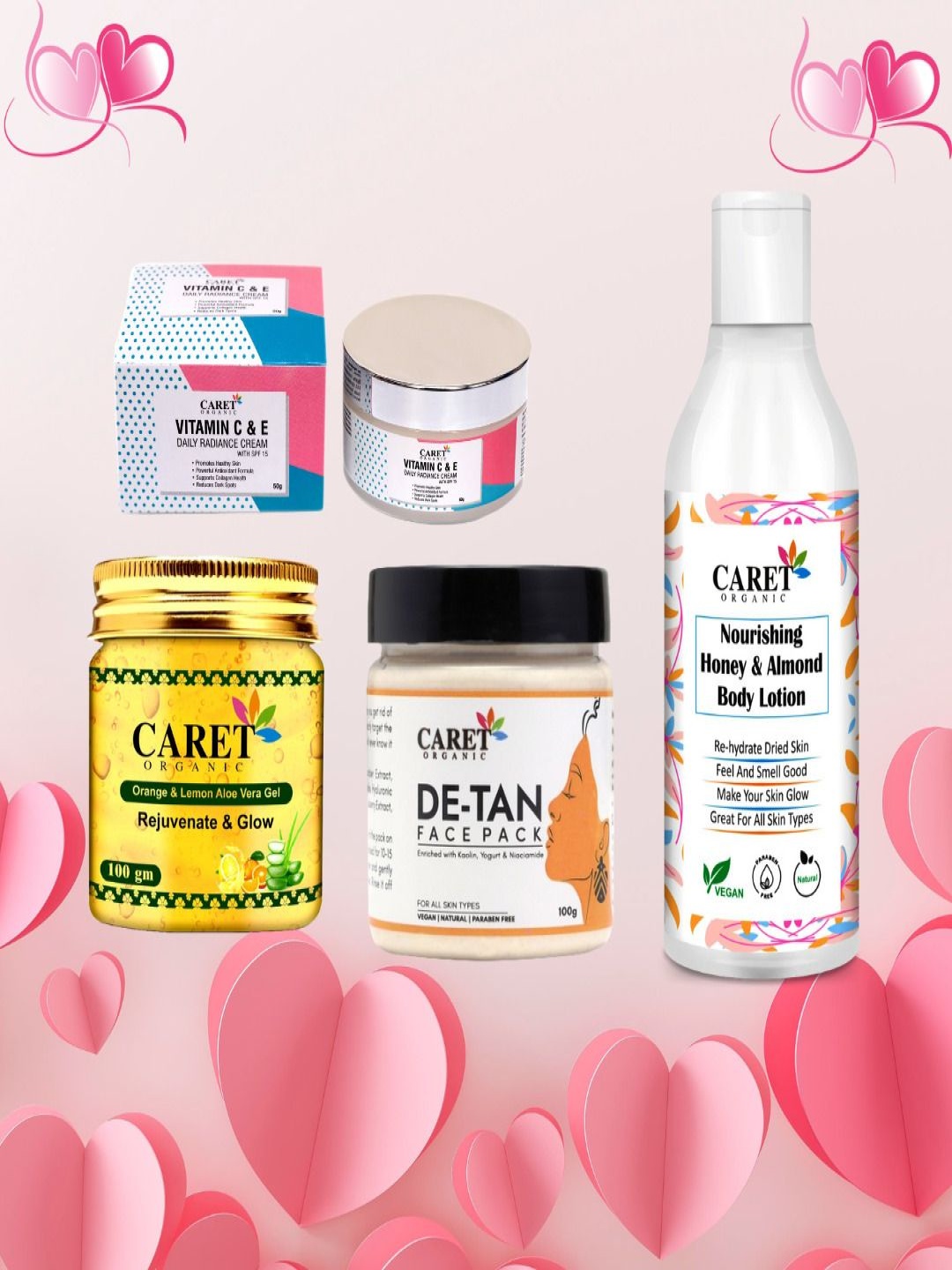 CARET ORGANIC Set Of 4 Aloevera Gel, De-Tan Face Pack, Honey & Almond Body Lotion & Cream, White
CARET ORGANIC Set Of 4 Aloevera Gel, De-Tan Face Pack, Honey & Almond Body Lotion & Cream, White