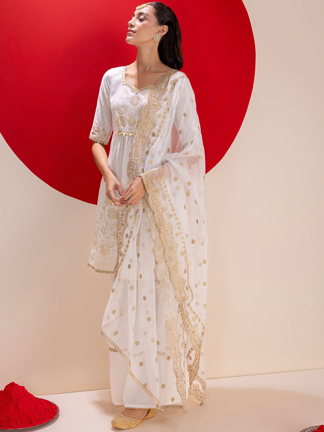 SEW Women Floral Printed A-Line Chanderi Cotton Kurta With Sharara And Dupatta, Off white
SEW Women Floral Printed A-Line Chanderi Cotton Kurta With Sharara And Dupatta, Off white