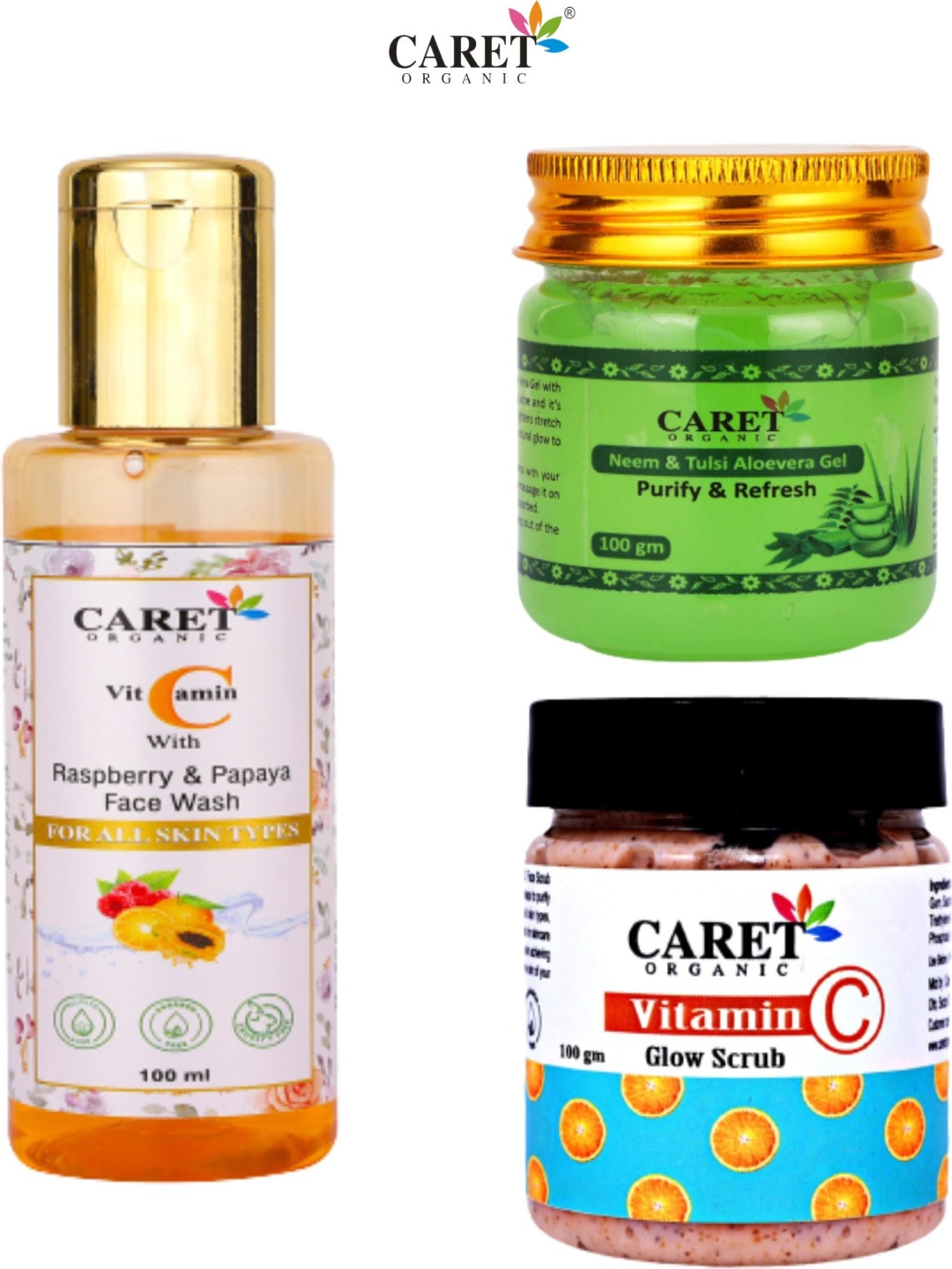 CARET ORGANIC Set Of 3 Papaya Facewash, Aloevera Gel & Vitamin C Glow Scrub - 100 g Each, Off white
CARET ORGANIC Set Of 3 Papaya Facewash, Aloevera Gel & Vitamin C Glow Scrub - 100 g Each, Off white