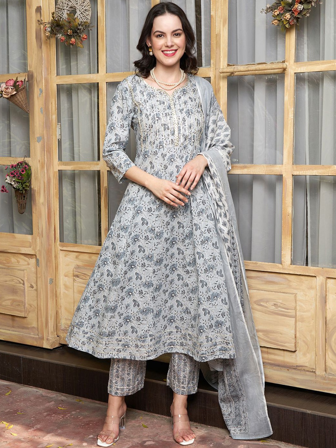 Sangria Grey Floral Printed Notch Neck Pure Cotton Anarkali Kurta With Trouser And Dupatta
Sangria Grey Floral Printed Notch Neck Pure Cotton Anarkali Kurta With Trouser And Dupatta