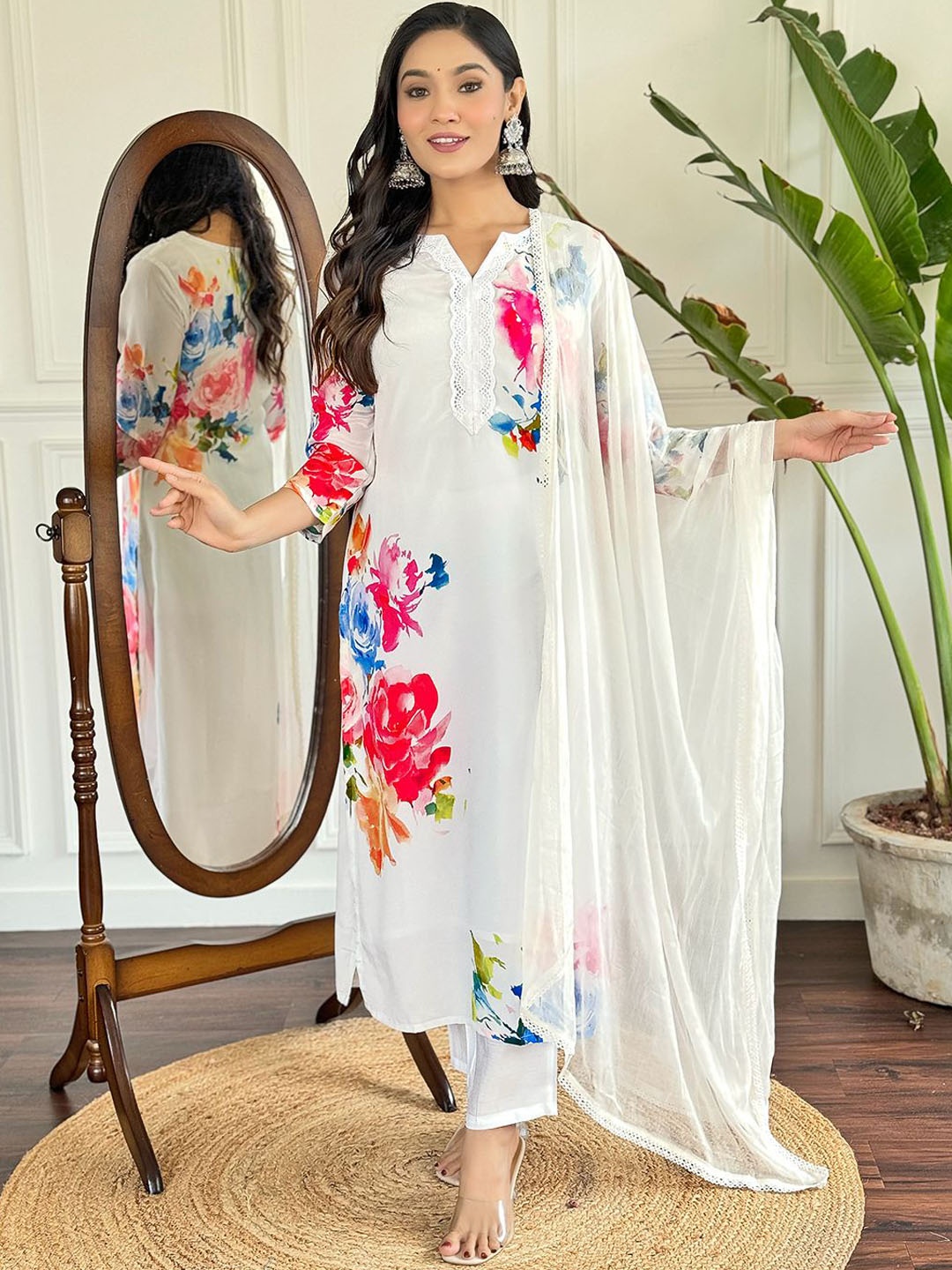 Fashion Care Navlik Floral Printed Notch Neck Straight Kurta With Trousers & Dupatta, White
Fashion Care Navlik Floral Printed Notch Neck Straight Kurta With Trousers & Dupatta, White