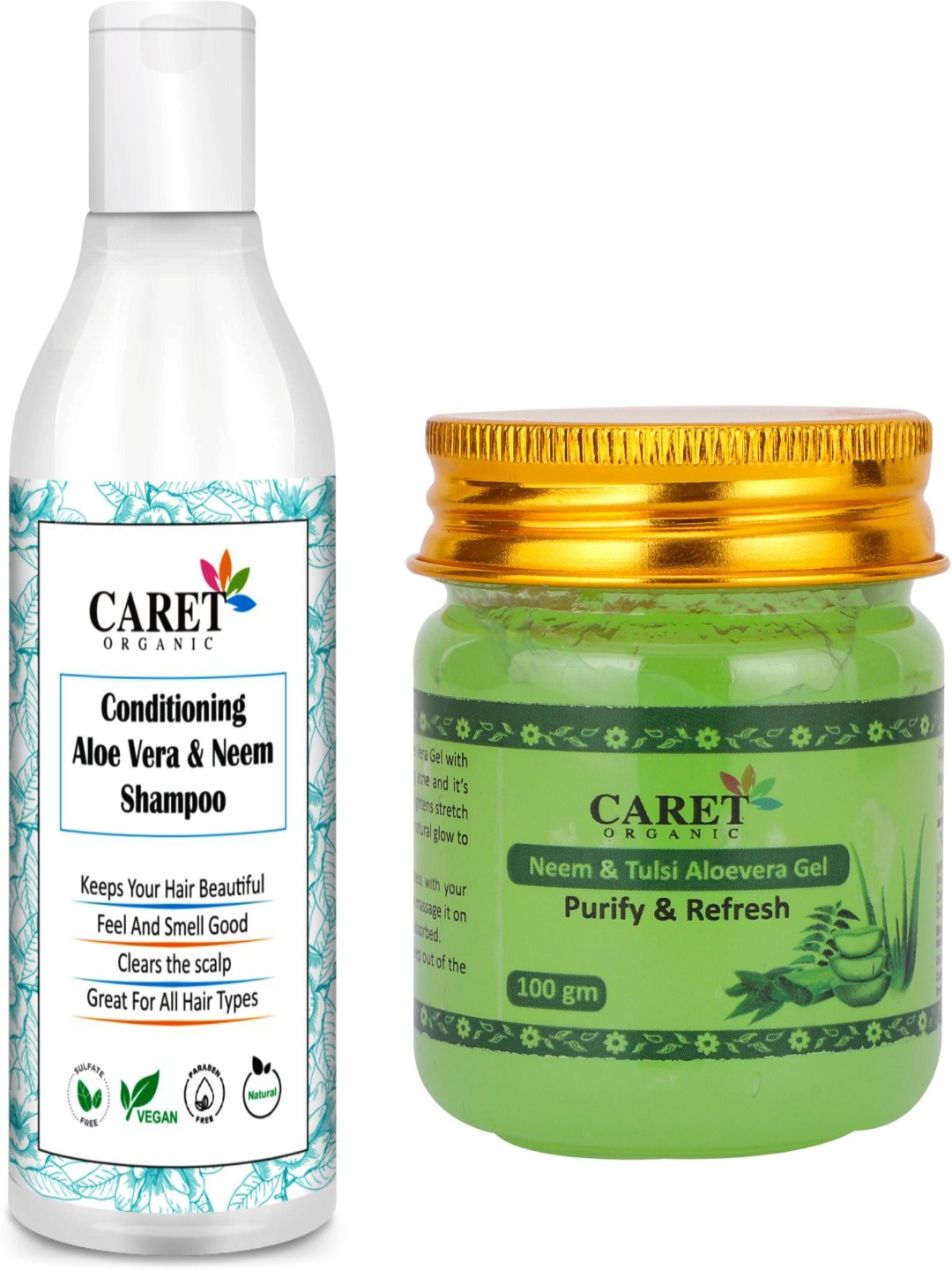 CARET ORGANIC Set Of 2 Aloevera Neem Shampoo - 300 ml & Tulsi Aloevera Gel - 100 g, White
CARET ORGANIC Set Of 2 Aloevera Neem Shampoo - 300 ml & Tulsi Aloevera Gel - 100 g, White