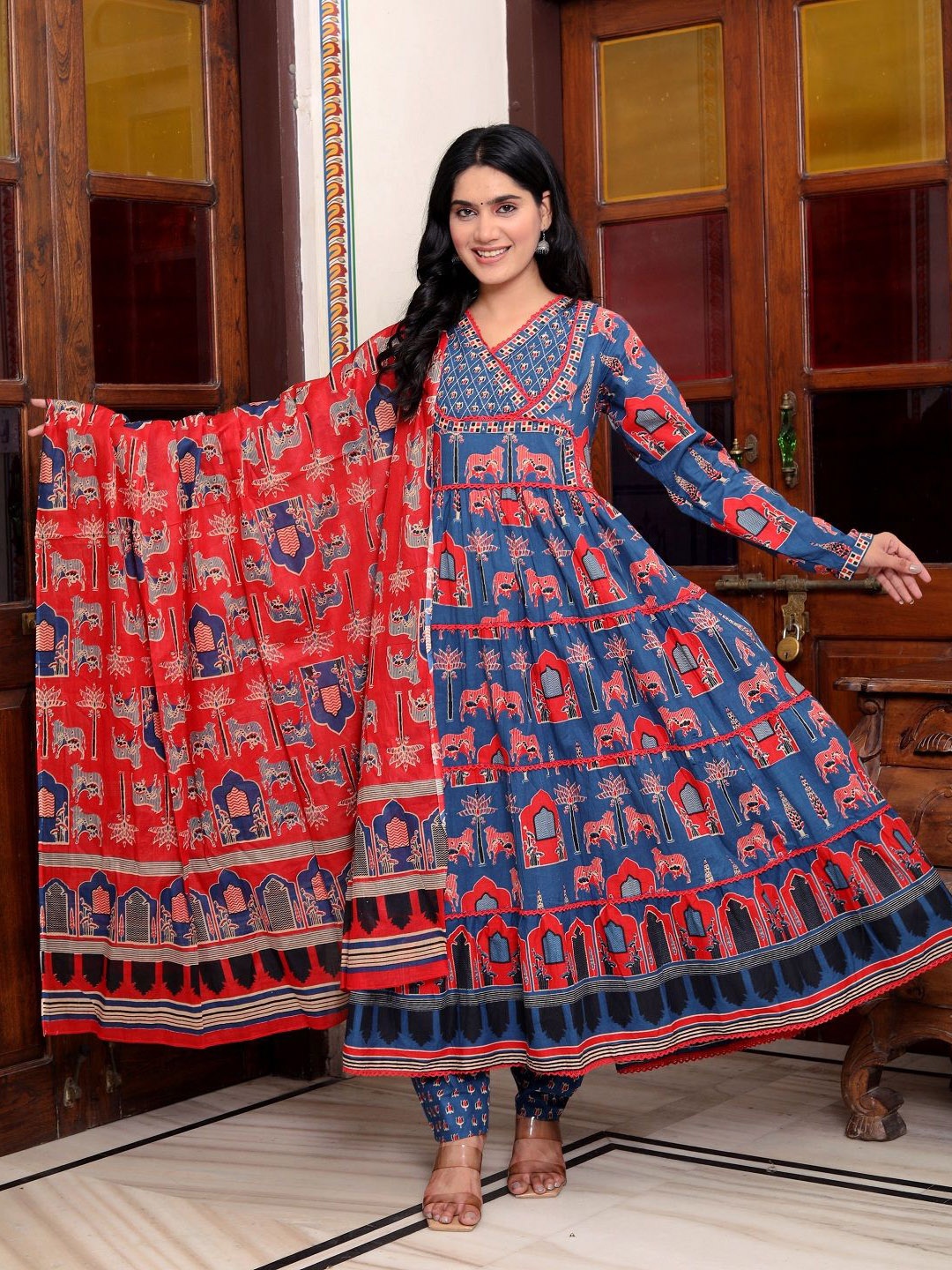 Moda Rapido Animal Printed Pleated Pure Cotton Anarkali Kurta With Trouser & Dupatta, Blue
Moda Rapido Animal Printed Pleated Pure Cotton Anarkali Kurta With Trouser & Dupatta, Blue