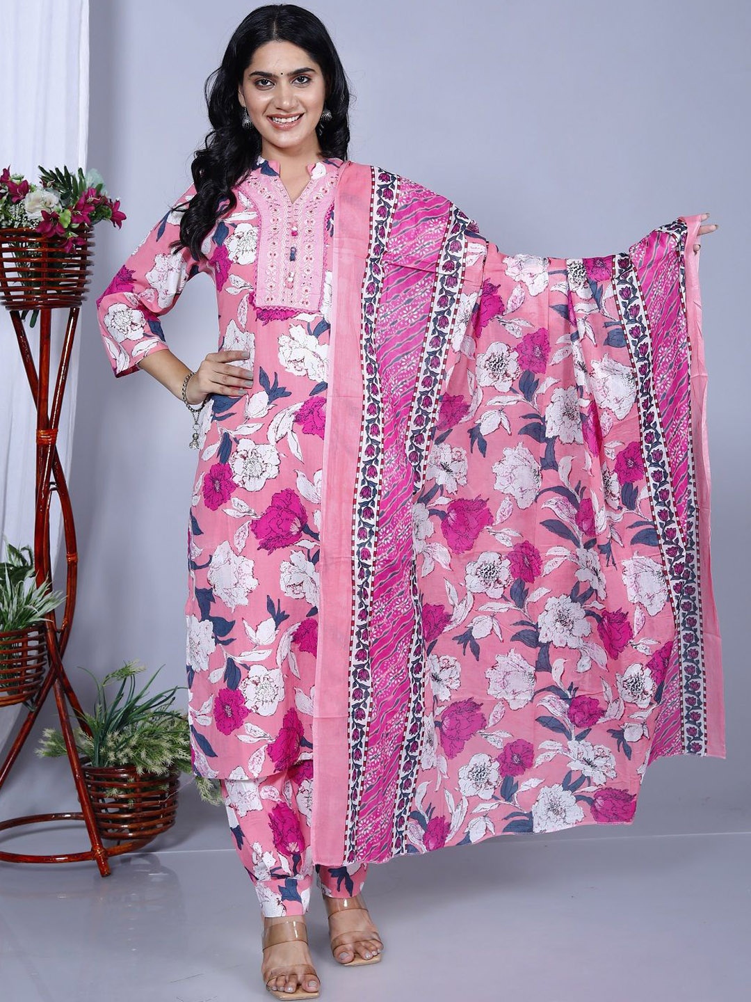 Moda Rapido Floral Printed Mirror Work Pure Cotton Notch Neck Kurta With Salwar & Dupatta, Pink
Moda Rapido Floral Printed Mirror Work Pure Cotton Notch Neck Kurta With Salwar & Dupatta, Pink