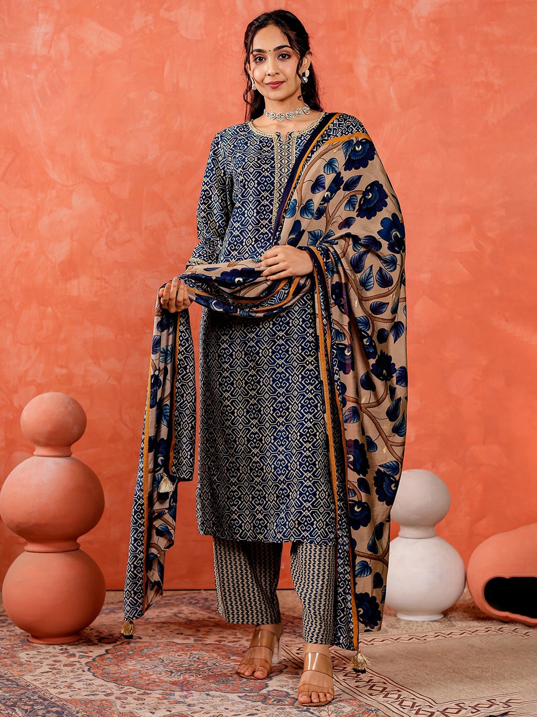 VASVI Geometric Printed Notch Neck Modal Chanderi Straight Kurta With Trousers And Dupatta, Blue
VASVI Geometric Printed Notch Neck Modal Chanderi Straight Kurta With Trousers And Dupatta, Blue