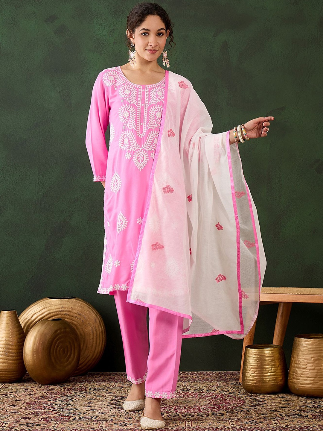 KALINI Women Floral Embroidered Regular Chikankari Kurta with Trousers & With Dupatta, Pink
KALINI Women Floral Embroidered Regular Chikankari Kurta with Trousers & With Dupatta, Pink