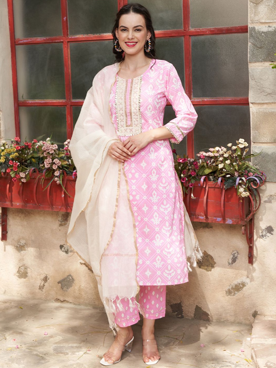 Sangria Pink Printed Gotta Patti Work Pure Cotton Straight Kurta With Trousers And Dupatta
Sangria Pink Printed Gotta Patti Work Pure Cotton Straight Kurta With Trousers And Dupatta