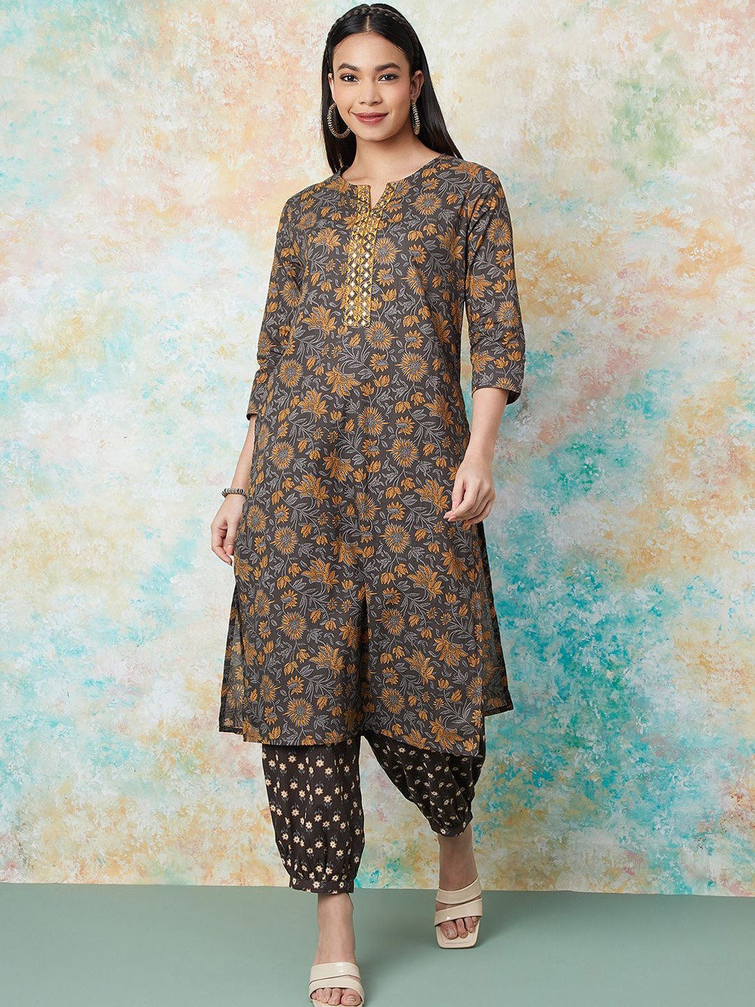 Melange by Lifestyle Floral Printed Round Neck Mirror Work Pure Cotton Kurta With Salwar, Grey
Melange by Lifestyle Floral Printed Round Neck Mirror Work Pure Cotton Kurta With Salwar, Grey