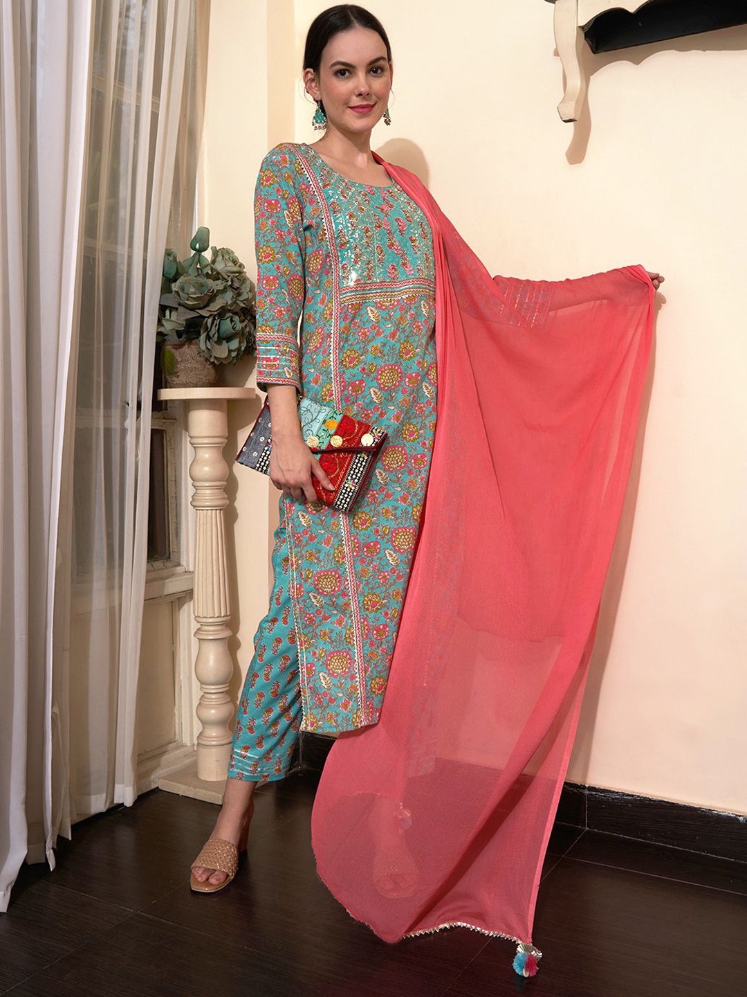 Sangria Turquoise Blue Floral Printed U-Neck Pure Cotton Kurta With Trousers And Dupatta
Sangria Turquoise Blue Floral Printed U-Neck Pure Cotton Kurta With Trousers And Dupatta