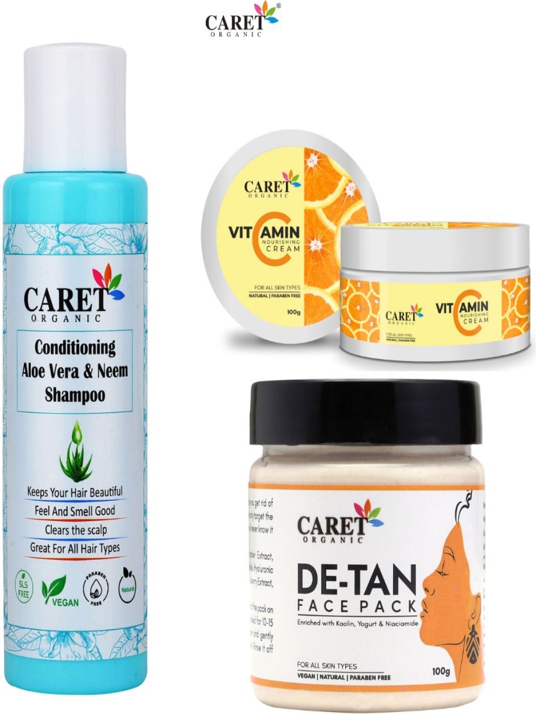 CARET ORGANIC Set Of 3 Neem Shampoo- Vitamin C Cream & De-Tan Face Pack - 100 ml Each, White
CARET ORGANIC Set Of 3 Neem Shampoo- Vitamin C Cream & De-Tan Face Pack - 100 ml Each, White