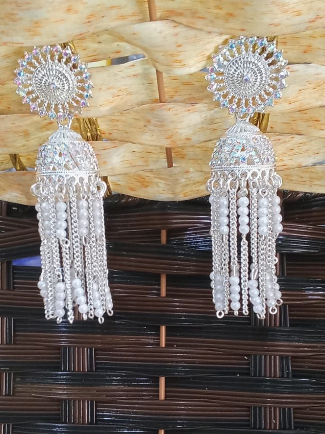 JMBW INTERNATIONAL Sterling Silver Artificial Stones Studded And Beaded Dome Shape Jhumkas
JMBW INTERNATIONAL Sterling Silver Artificial Stones Studded And Beaded Dome Shape Jhumkas