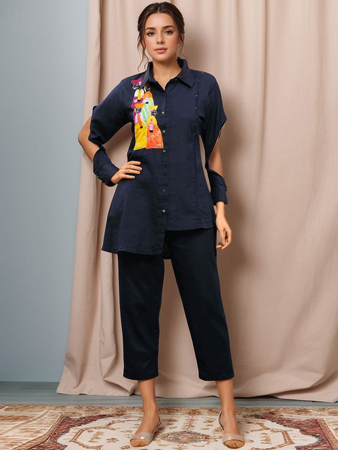 Samyukta Singhania Blue Flex Embroidered Patchwork Pure Cotton Tunic With Trousers, Navy blue
Samyukta Singhania Blue Flex Embroidered Patchwork Pure Cotton Tunic With Trousers, Navy blue