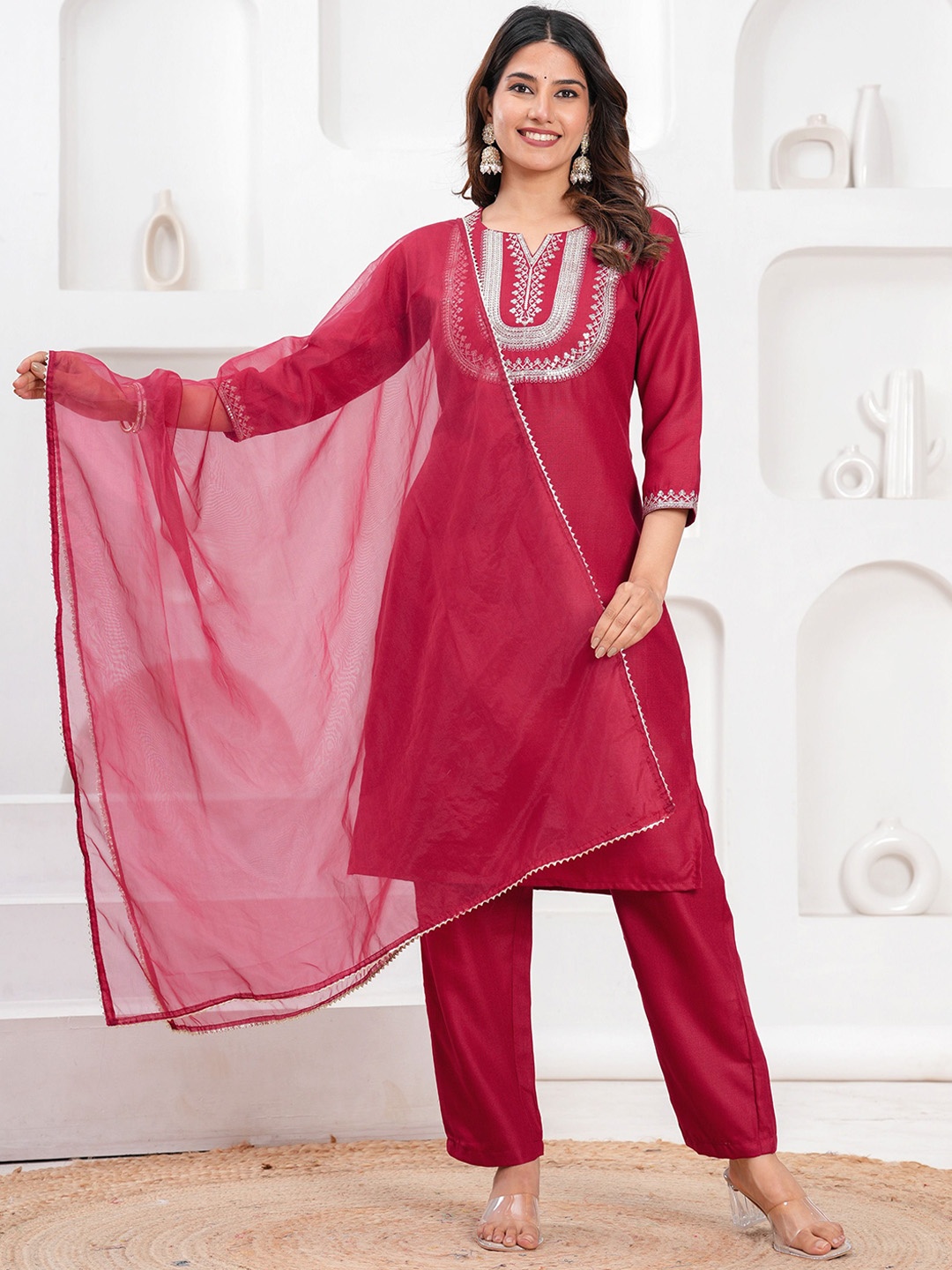 CELEBRAVO Embroidered Sequinned Notch Neck Straight Kurta With Trouser And Dupatta, Maroon
CELEBRAVO Embroidered Sequinned Notch Neck Straight Kurta With Trouser And Dupatta, Maroon